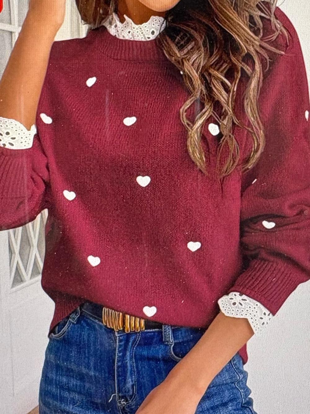 SHEIN Rose Mauve Heart-Pattern Crewneck Sweater
